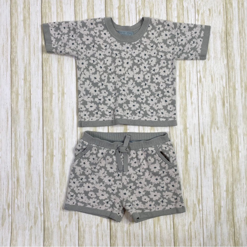 Barefoot Dreams CozyChic Ultra Light Gray and White Floral Knit Pajamas
